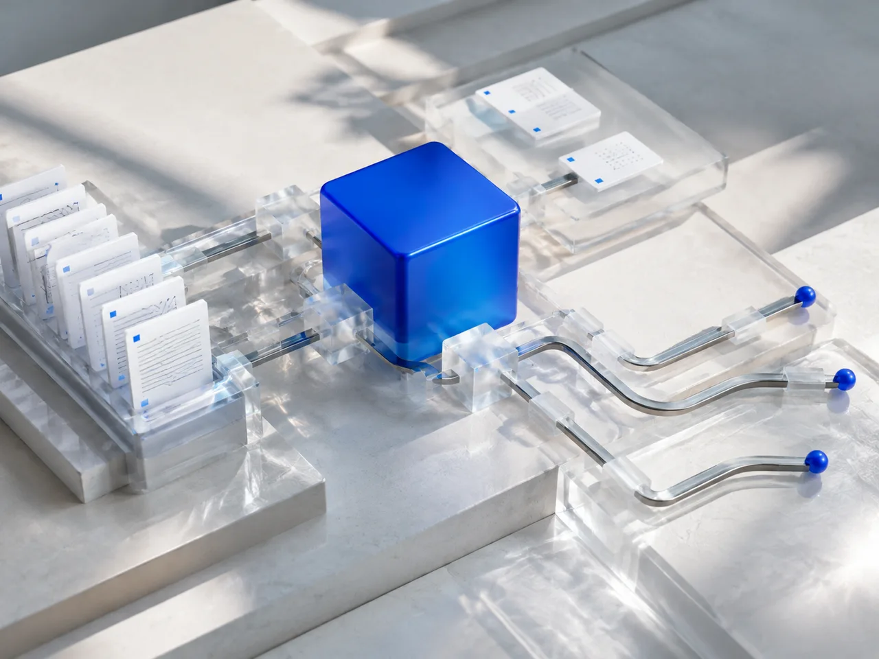 A blue processing node connecting documents and glass workflow paths