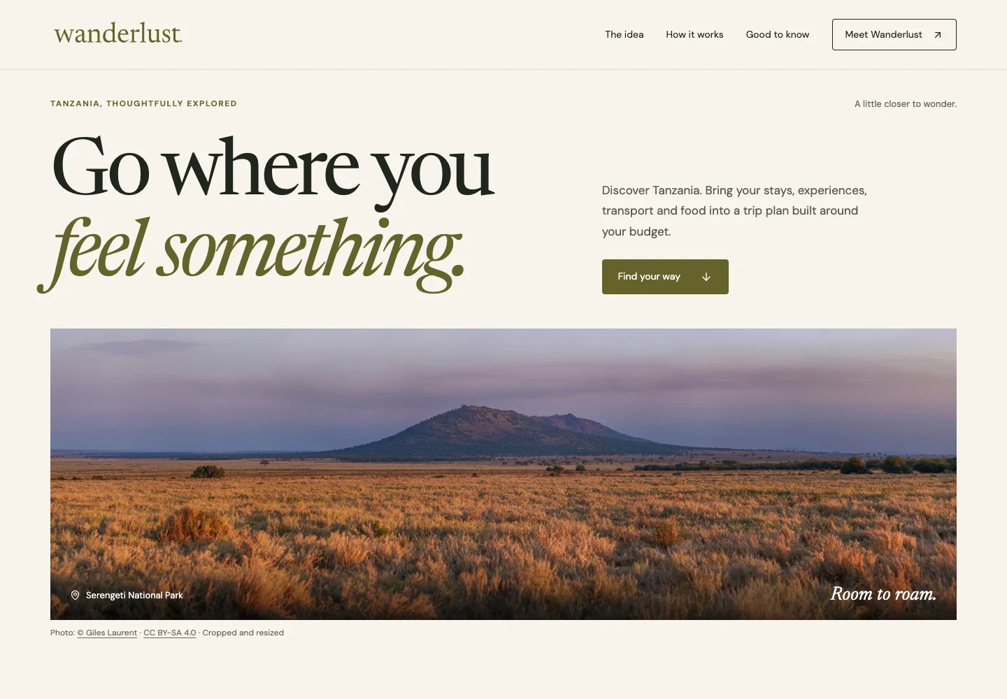 Wanderlust website preview with its olive wordmark, travel-planning introduction and a Serengeti landscape